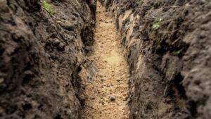 A narrow, freshly dug trench in dark soil, its bottom filled with light-colored sand stones.