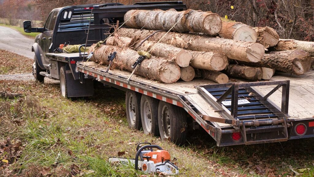 a rented trailer hauling logs in Alberta